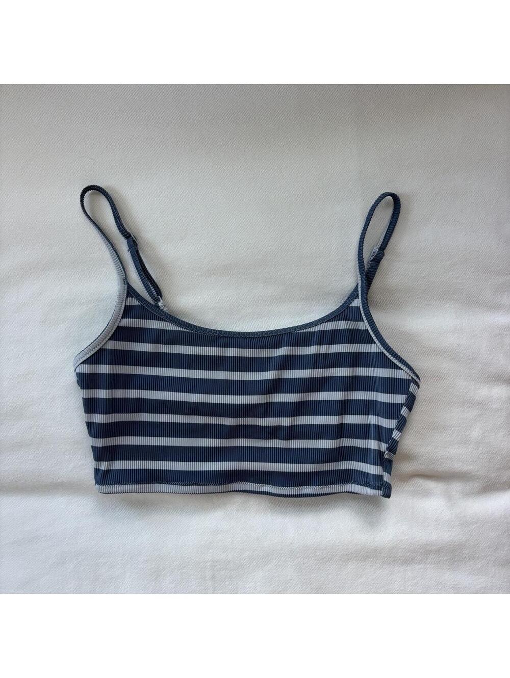Aerie Striped Ribbed Scoop Cami Crop Top Medium Blue White Y2K Athleisure BIN D